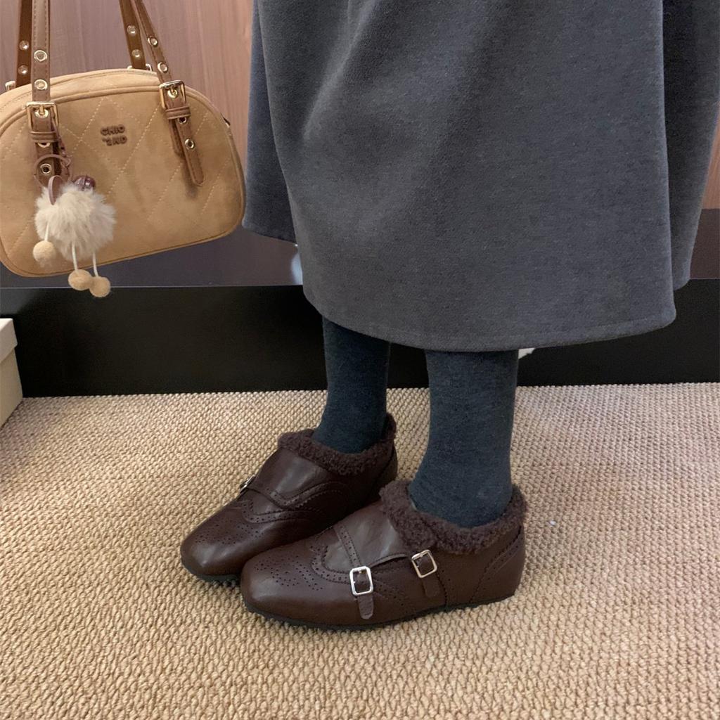 Retro Inner Height-increasing Small Leather Shoes To Keep Warm In Winter Korean One-pedal Commuting Single Shoes Lazy Fluffy Shoes