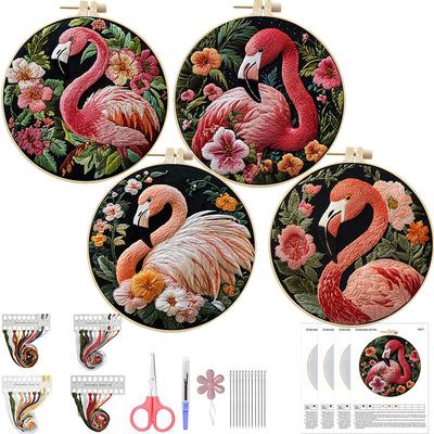 1 STuks Flamingo en Bloemenpatroon DIY Borduurpakket voor Beginners