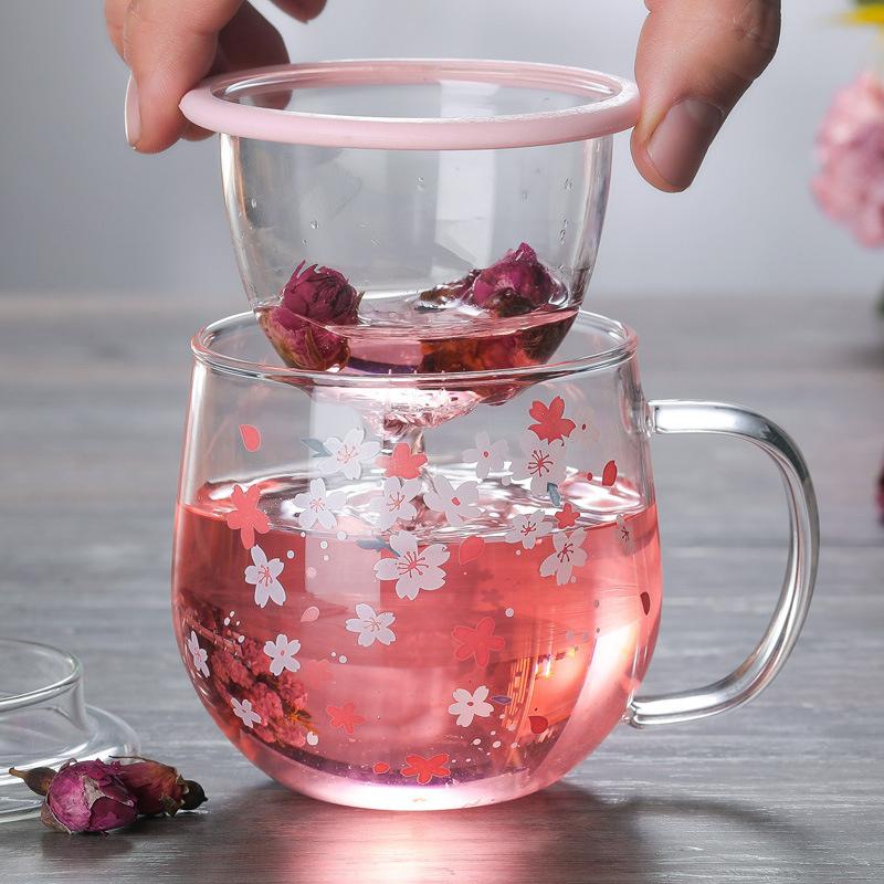 300ml Cute Heated Resistance Japanese Cherry Blossom Cup With Tea Infuser Filter&Lid Glass Flower Tea Cup Christmas Mug