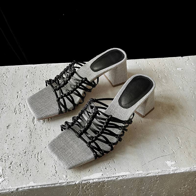 Krazing Pot Straw Weaving Handmade Summer Size 40 High Quality Slip on French Chic Chunky Heels Women Peep Toe Sandals