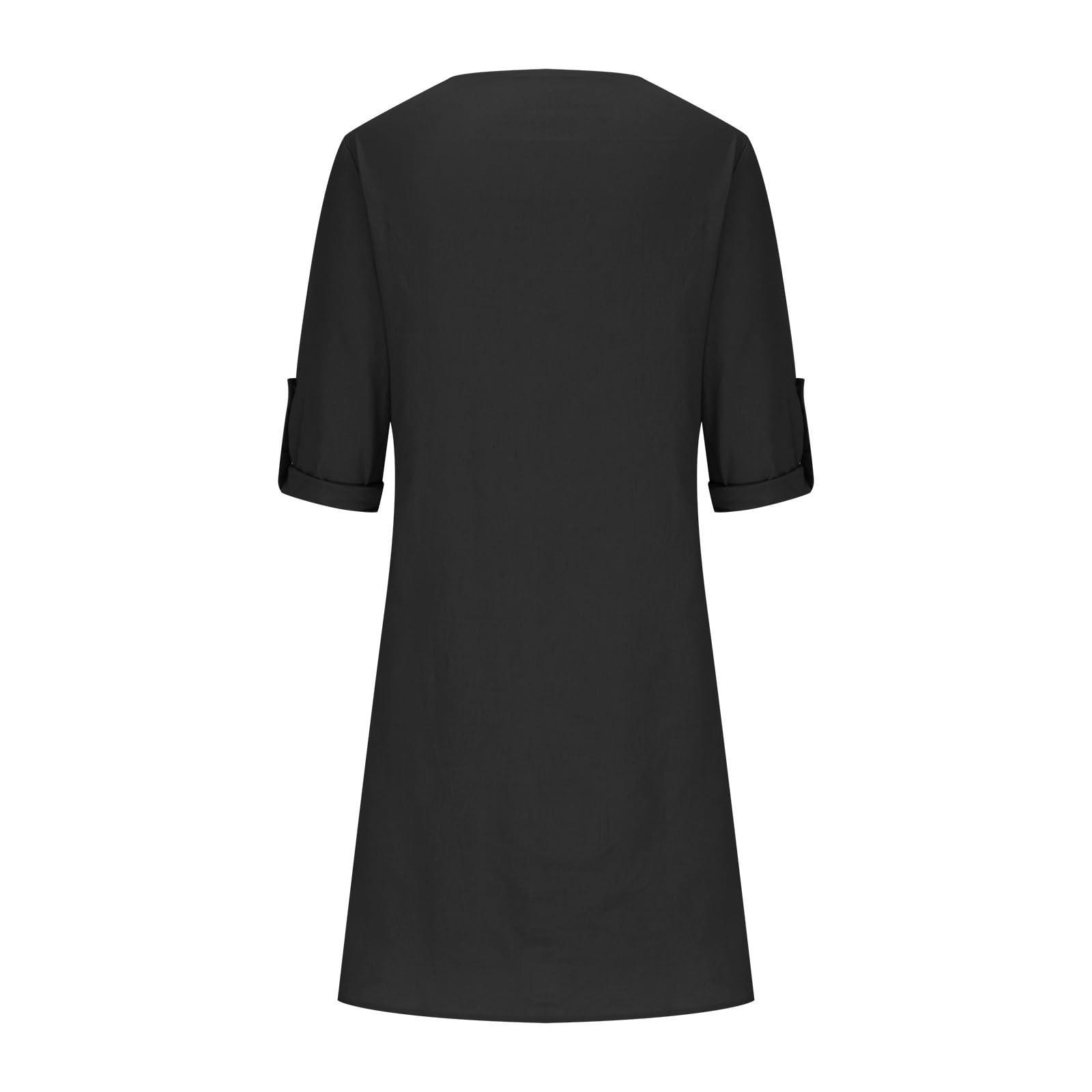 Женское летнее однотонное хлопково-льняное платье в стиле ретро с v-образным вырезом — фото 5