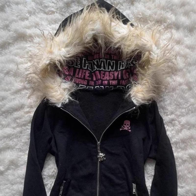 2KWEIRD Y2K Felpa con Cappuccio e Zip con Colletto in Pelliccia Nera Felpa Sexy da Donna Stampa Grafica con Lettere Goth Harajuku Cappotto Slim