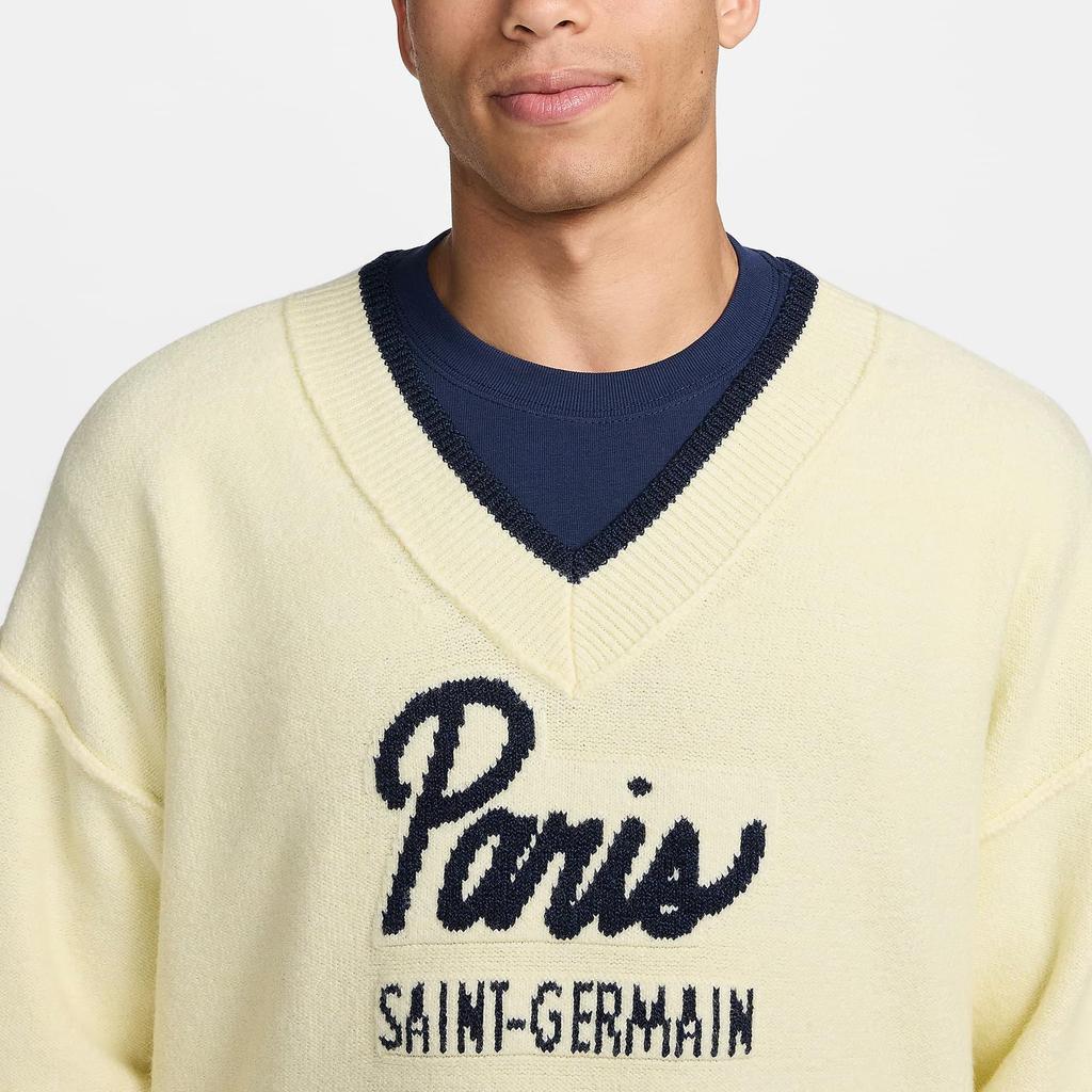 Nike Paris Saint-Germain Tech Pack Series Football Pullover V-Neck Long Sleeve Knit Top Men Tops Snow-White FQ7801-744