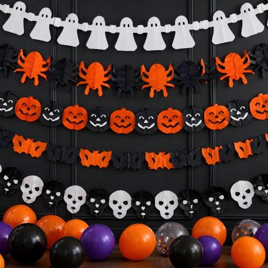 Indoor Party Supplies 5 Pcs 10FT Halloween Banner, Spooky Spider Bat Skull Ghost Seasonal Banner Pumpkin Hanging Bunting Garland for Party,