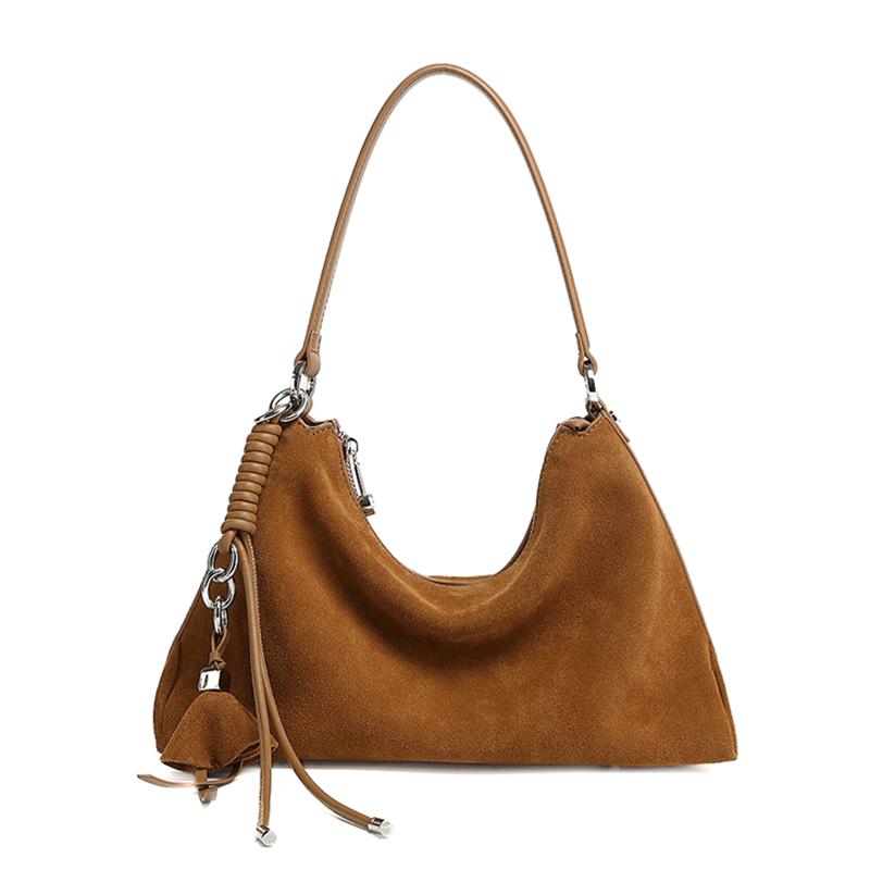 HIFASHION Genuine Suede Leather Hobo Bags For Women New 2026 Luxury Designer Crossbody Vintage Tassel Underarm Shoulder Handbags
