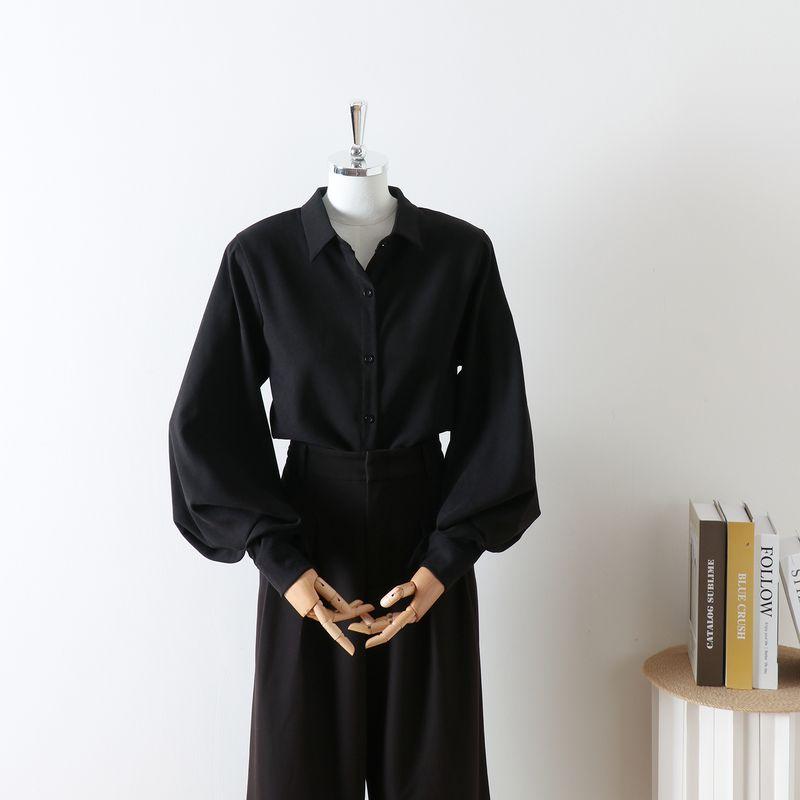 

Spring and Autumn New Lantern Sleeve White Shirts Women s Long Sleeve Sanding Top Korean Style Hong Kong Flavor Polo Collar Bow Shirt Black single shirt XL