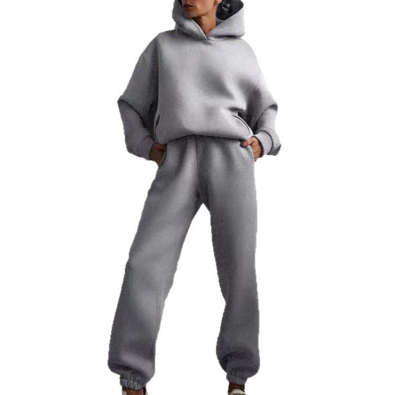 2026 Womens Solid Color Hooded Sweatshirt Jogger Pants Set Casual Two-Piece Outfit Collection