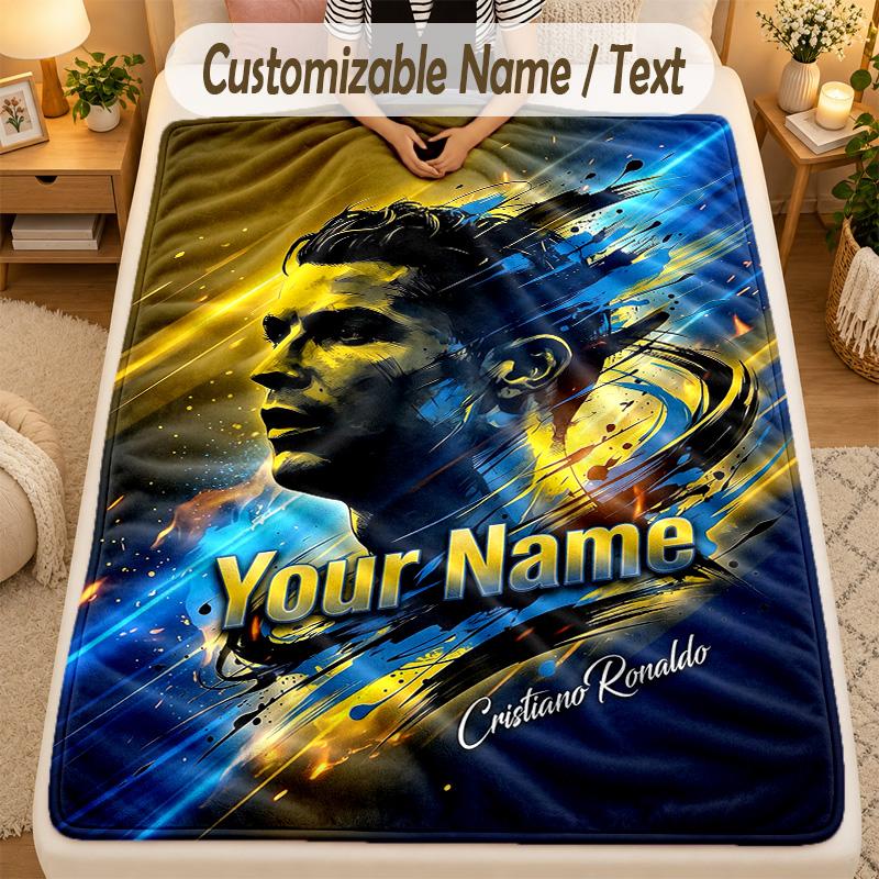Flannel BlanketCristiano Ronaldo Custom Name Text Personalized Soft Warm Throw Blanket Home Decor Gift