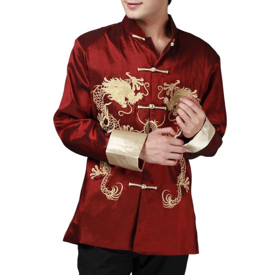Sako v stylu Tang se dvěma draky Retro čínský styl Dlouhý rukáv Stojáček Kabát Tradiční čínské oblečení