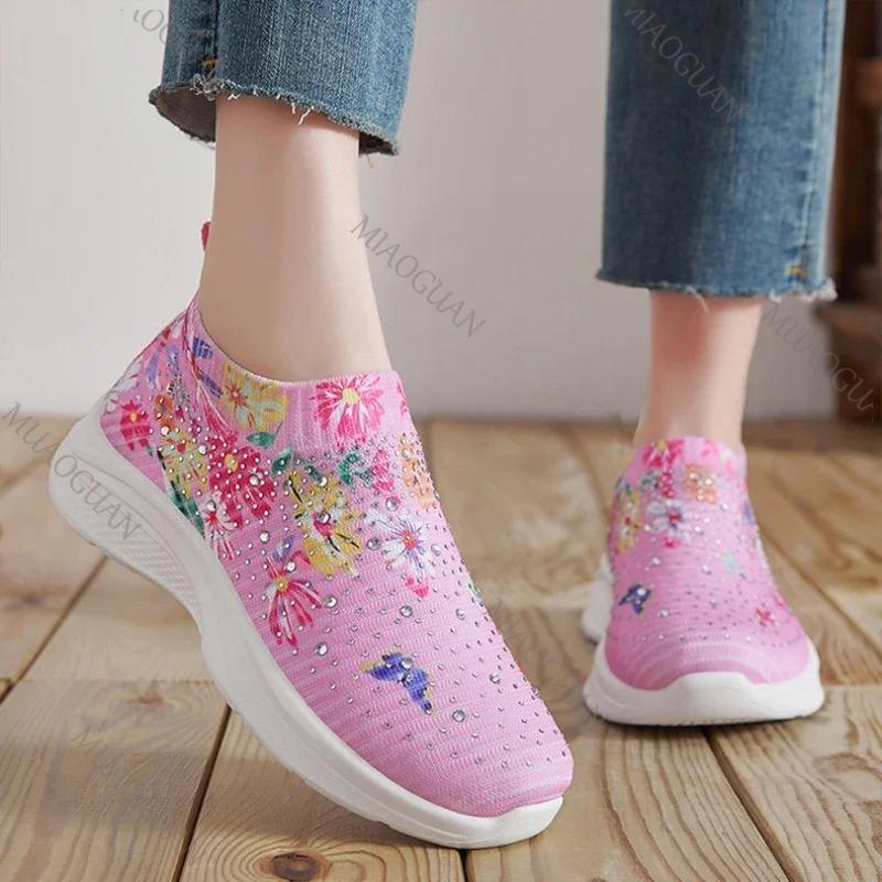 Fashion Spring Autumn New Women's Fashion Vulcanize Shoes Water Diamond Casual Breathable Shoes Slip On Printed Women's Sports Shoes