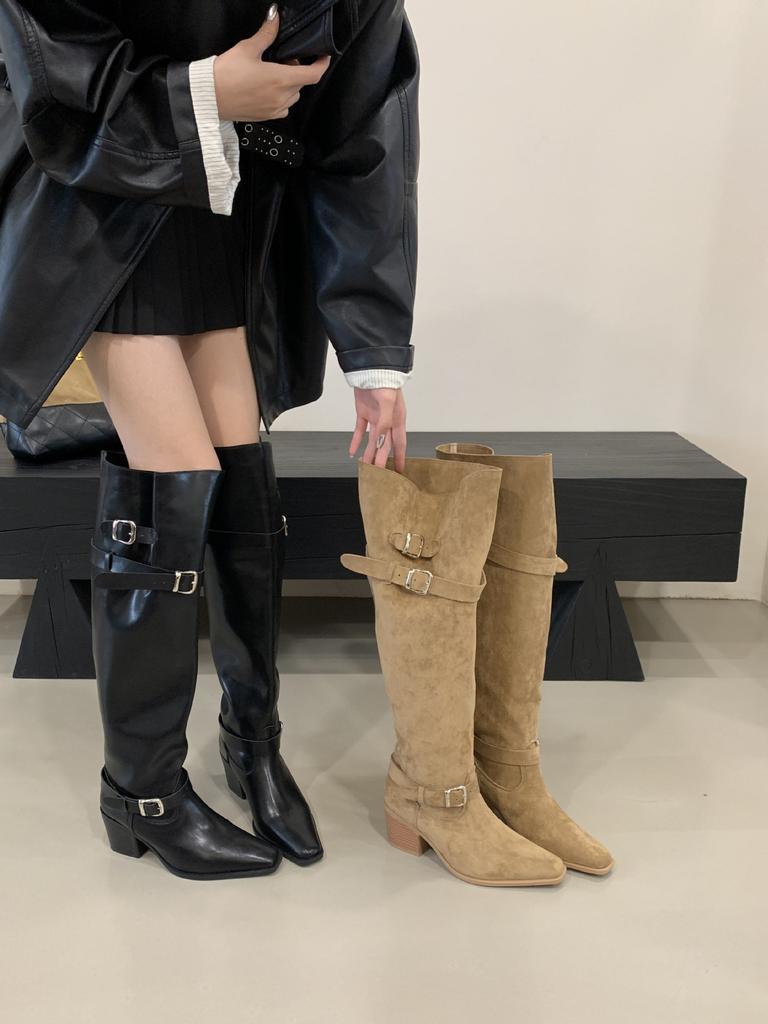 Big tube circumference boots women 2025 autumn and winter suede babes but knee boots pointed thick heel heap boots women