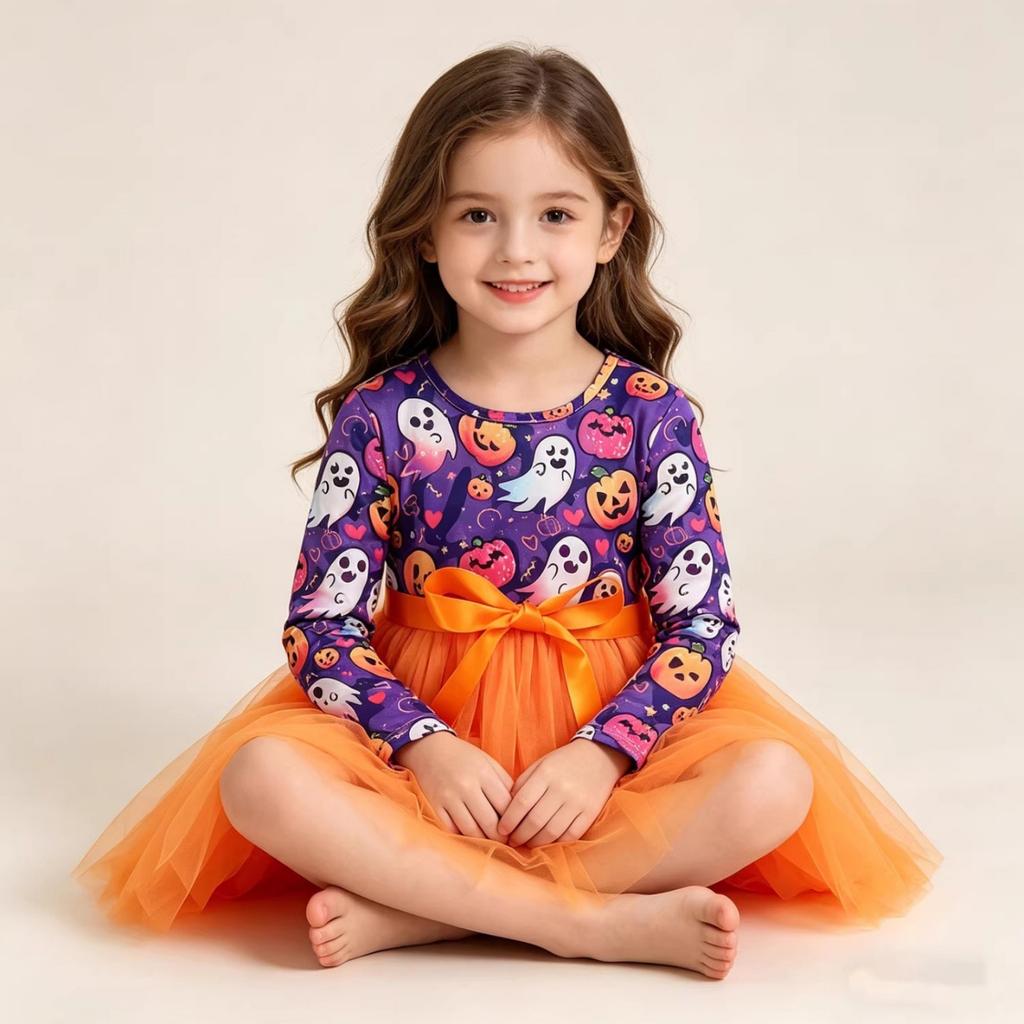 Girls' Halloween Long Sleeve Neck Pumpkin Print Mesh Patchwork Dress