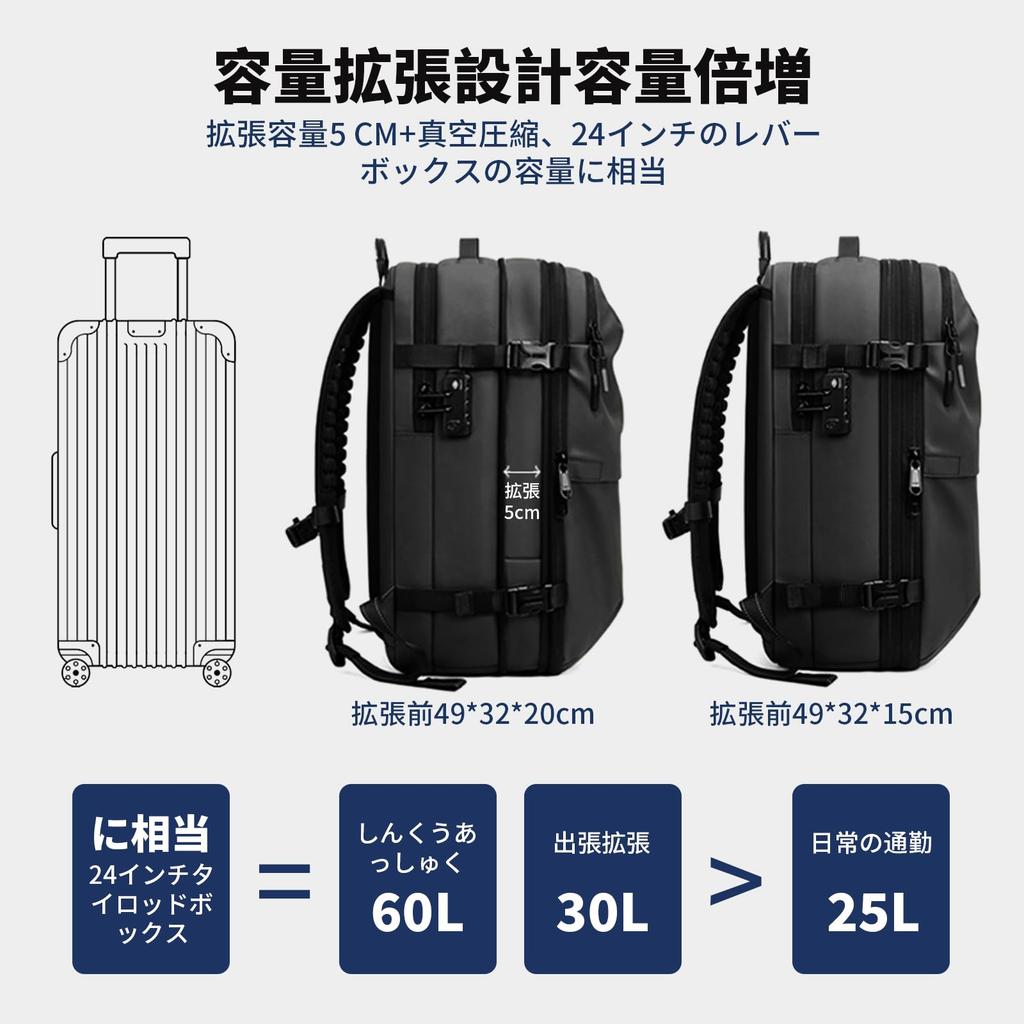 [HVQ] [Innovative Vacuum Compression Technology] Leather Compression Backpack with Built-in Pump, One-Touch Compression, Airbag, 60L Large Capacity,