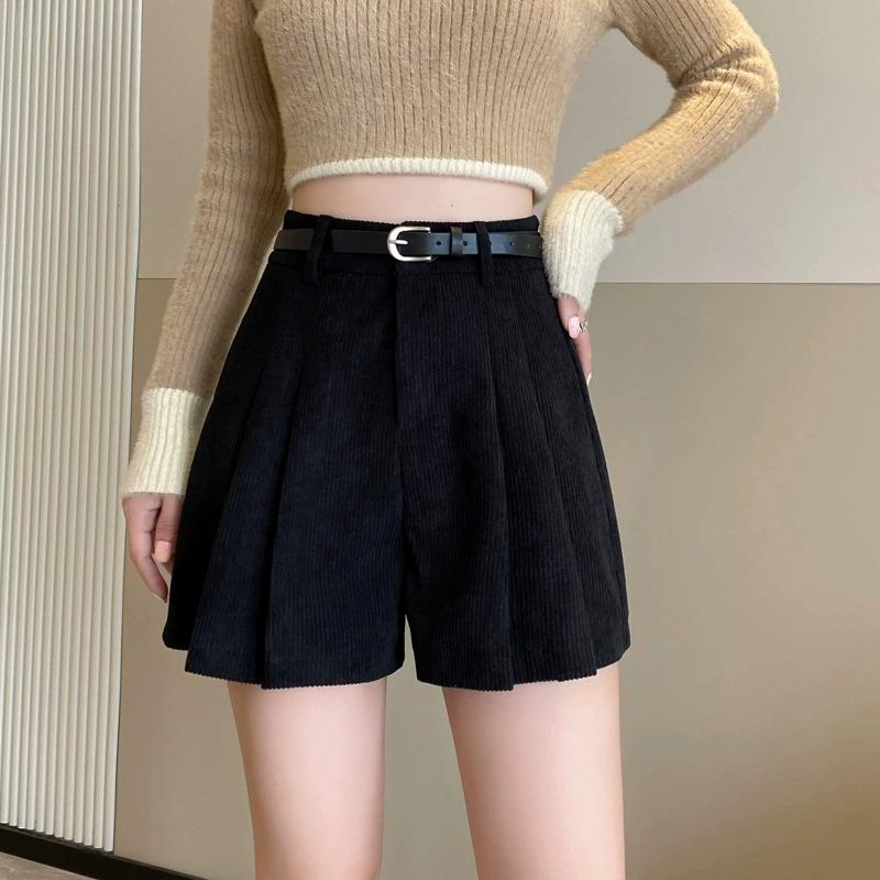 Casual All-match Versatile Corduroy Pleated Skirt Trousers for Women Autumn Winter High-Waisted Slimming Shorts Simple Versatile A-Line Trousers