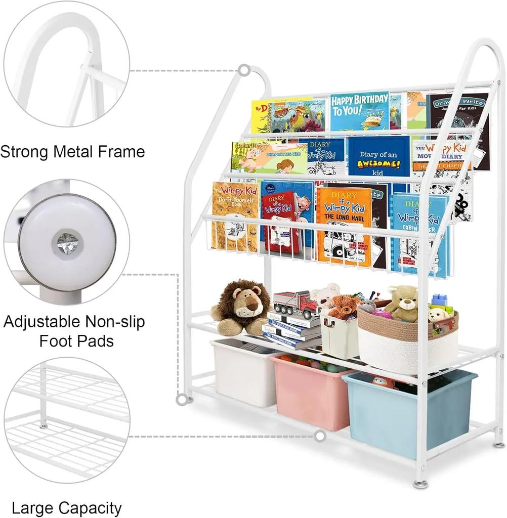 Metal Kids Bookshelf Freestanding Bookcase for Children Room Toy Organizer Modern MinimalistWhite Stable  Bedroom, Living