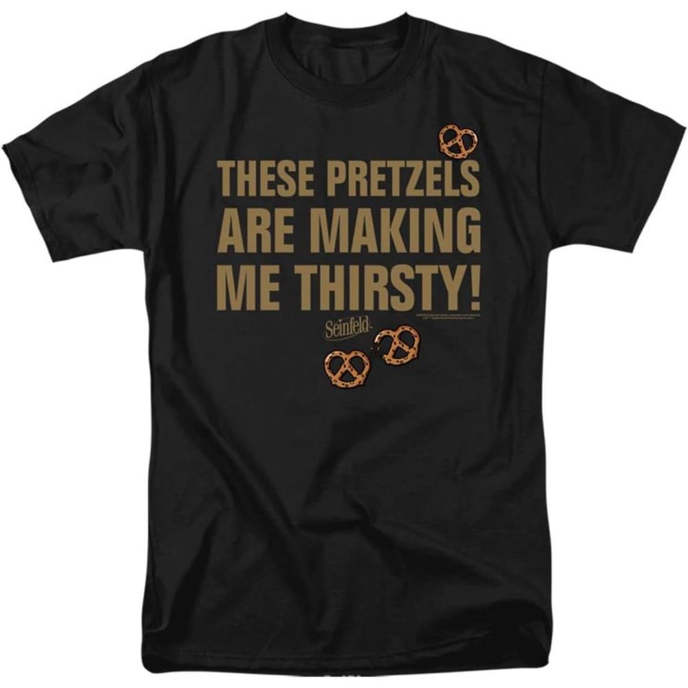 Popfunk Classic Seinfeld These Pretzels Are Making Me Thirsty Patterned TShirt Black Casual Short Sleeve Top Pepperoni Cookie S
