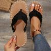Women's Summer Straw Woven Flip-Flops: Flat Bottom Beach Sandals with Toe Post for Outdoor Use in Large Sizes