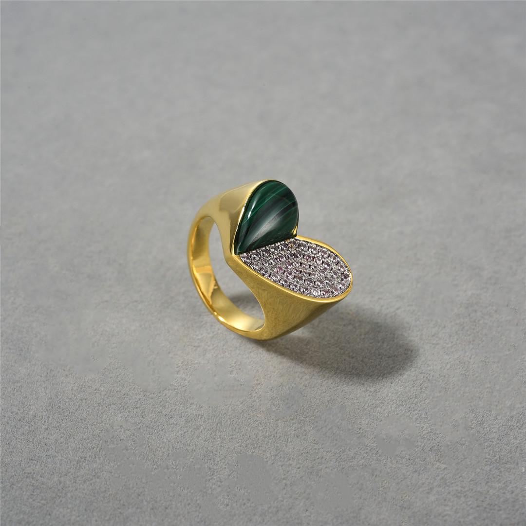 Модное Позолоченное 18K Настоящим Золотом Инкрустированное Кольцо с Малахитом в Форме Сердца и Бриллиантом Модное Простое Ретро Кольцо no. 6