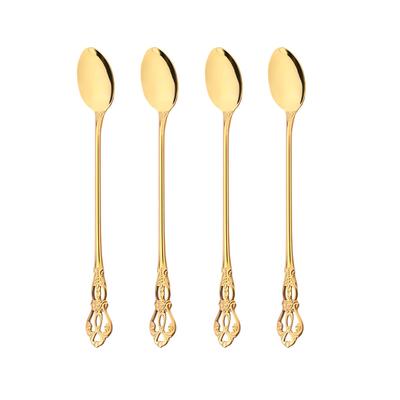 Lot de 4 cuillères à glace vintage dorées, ensemble de couverts, cuillères à dessert à long manche, ensemble de couverts en acier inoxydable, argenterie, vaisselle de cuisine