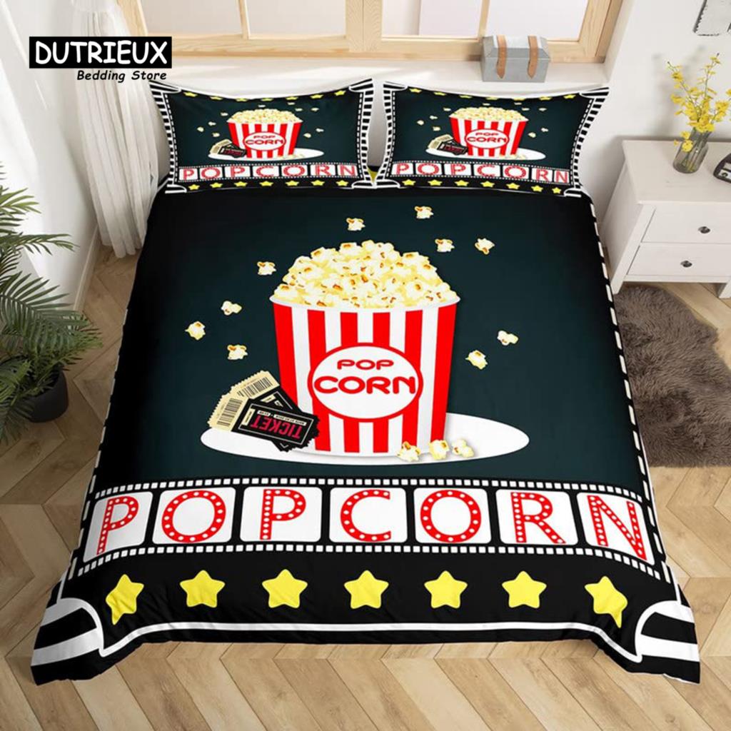 Husă de plapumă Movie Time Set de lenjerie de pat cu tematică Cinematograf Poster de cinema Husă de plapumă Microfibră Popcorn Gustări de film Cuvertură