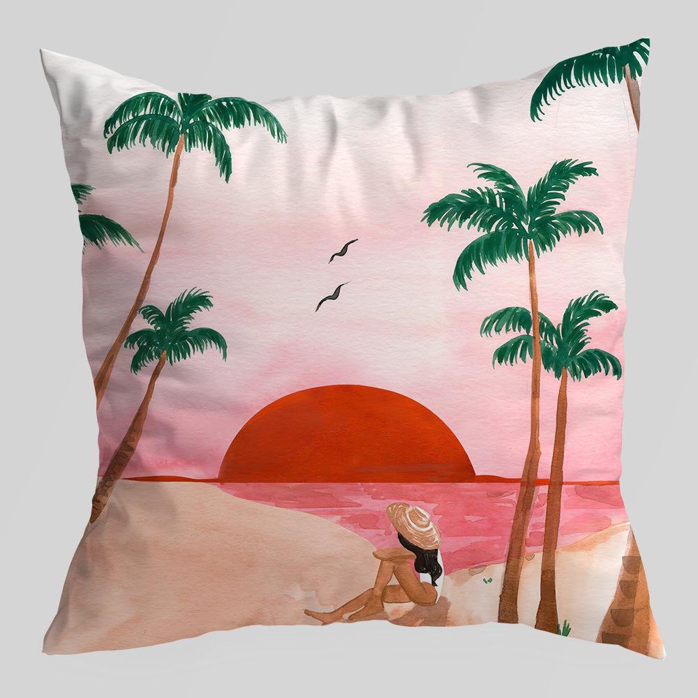 Abstract Green Plant Figures Seascape Pillow Cover Nordic Ink Painting Short Velvet Sofa Car Pillow Cushion Cover