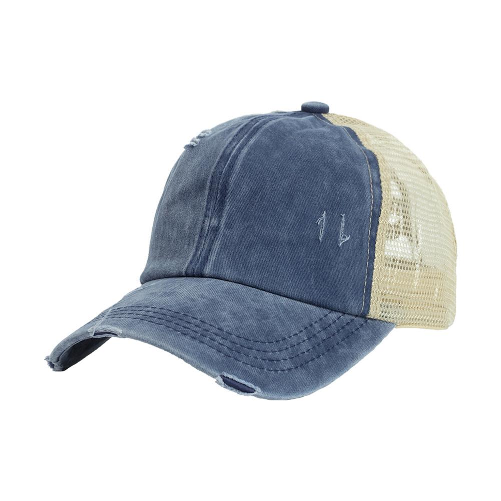 Women Cross Ponytail Baseball Cap Mesh Adjustable Outdoor Sports Washed Distressed Peaked Cap #9 Denim Blue adjustable#1