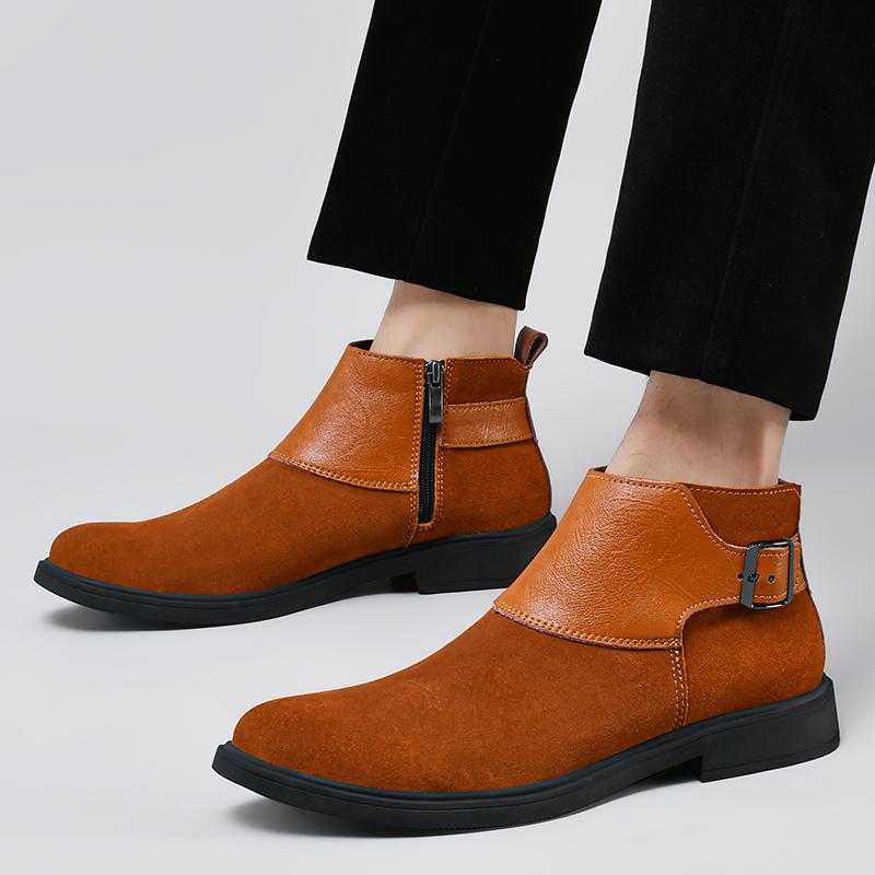 Fashion Genuine Leather Cowhide Retro Wedding Men Chelsea Boots Winter Dress Double Buckle Men Casual Ankle Suede Leather Boots Footwear