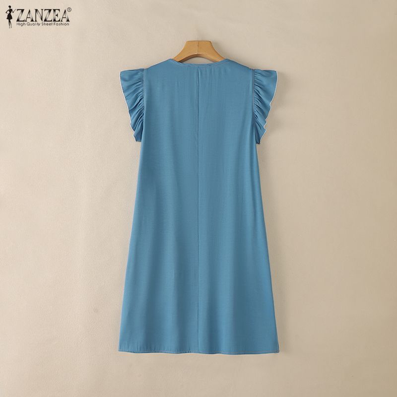 ZANZEA Women Elegant V-Neck Casual Ruffles Short Sleeve Summer Dress