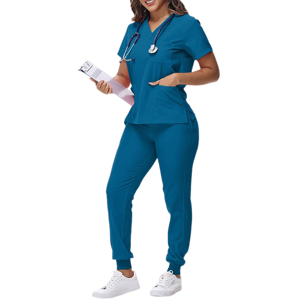 Women's Loose And Comfortable V-neck Short Sleeved Workwear With Tie Up Top And Waist Cinching Beauty Suit Set