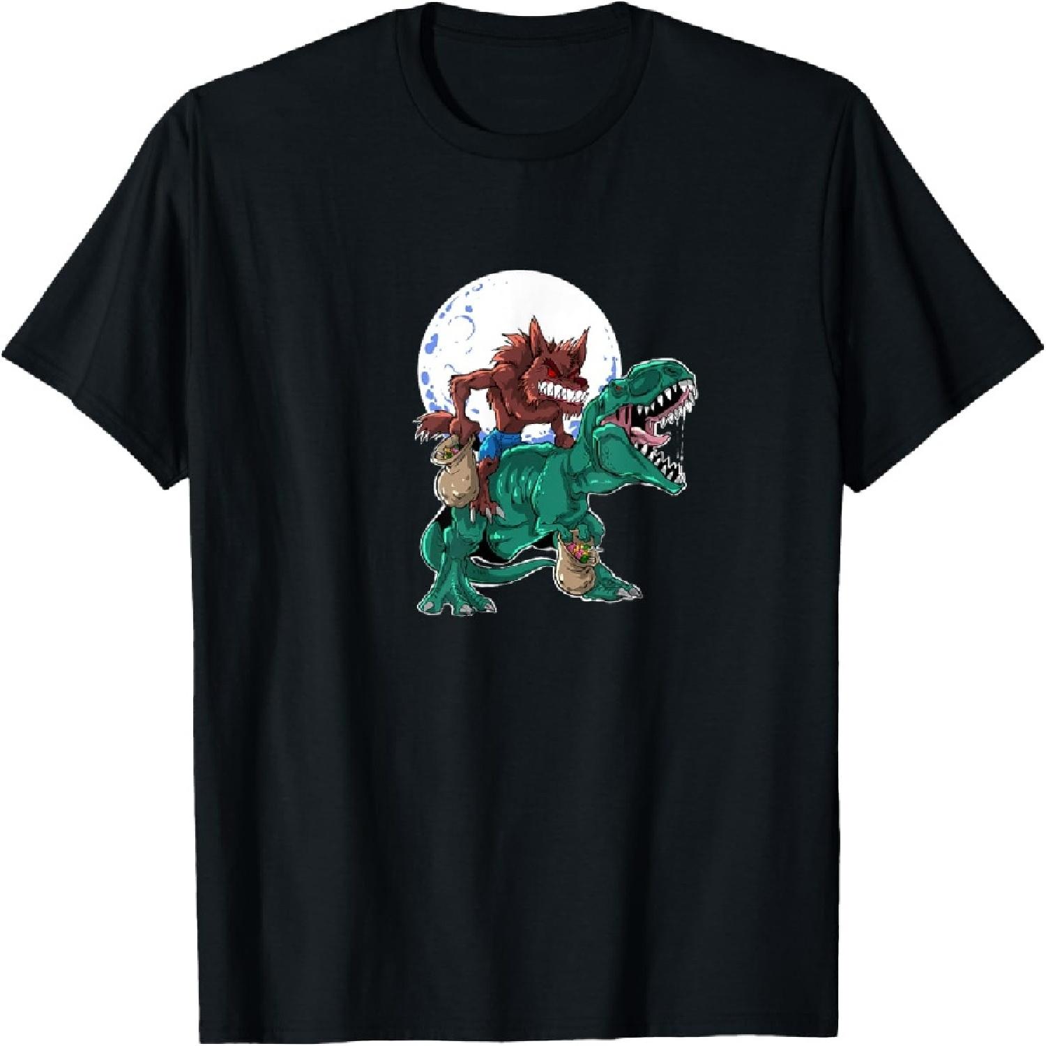 Funny werewolf Halloween Werewolf riding Dinosaur T-Shirt S