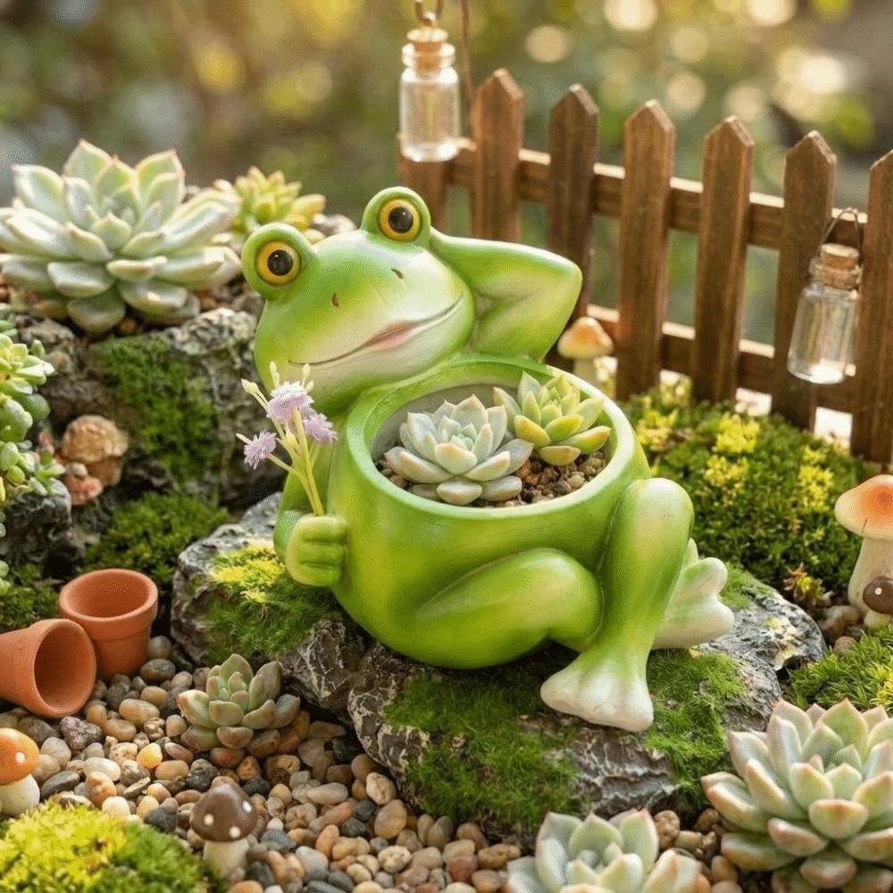 Flower Planter Resin Frog Flower Pot Cartoon with Drainage Hole Plant Holder Decorative Flower Container Tabletop