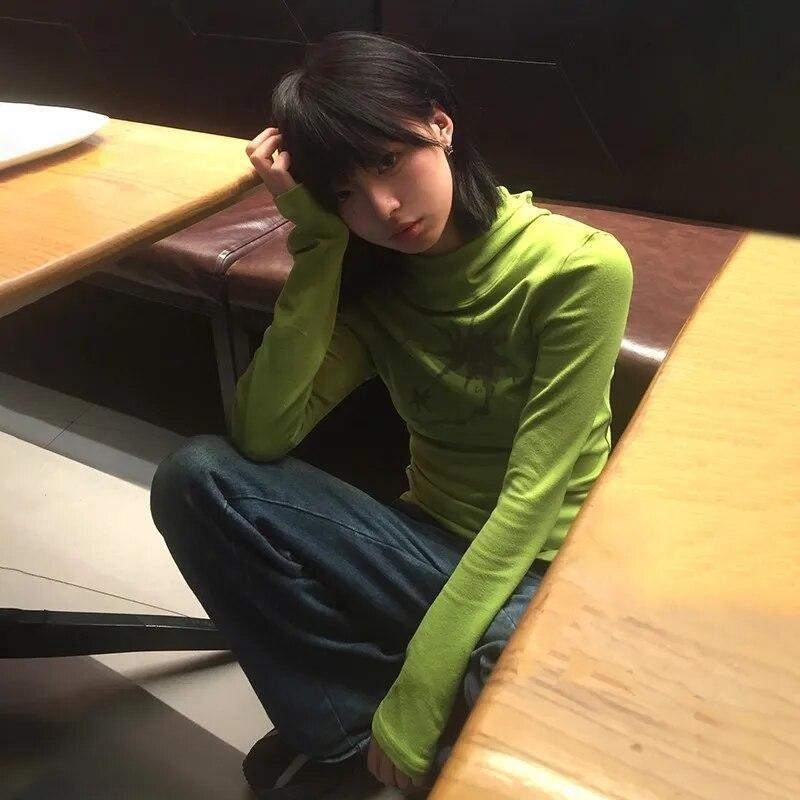 2KWEIRD Japanese Y2k Hooded T-shirt Grunge Aesthetics Green Long Sleeve Tee Shirt Vintage Harajuku Hooded Tops 2000s Streetwear