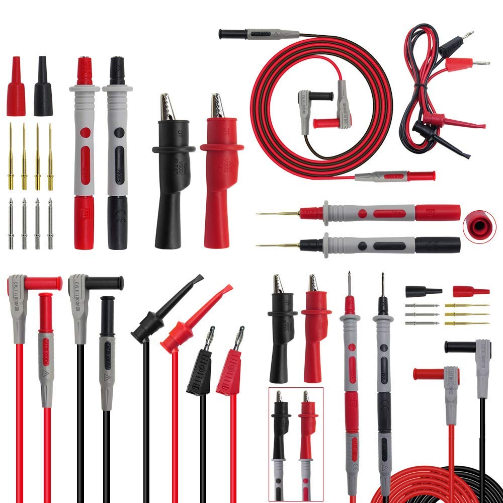 The WINGONEER multimeter test lead kit includes safety alligator clip banana plugs for testing hook cables.
