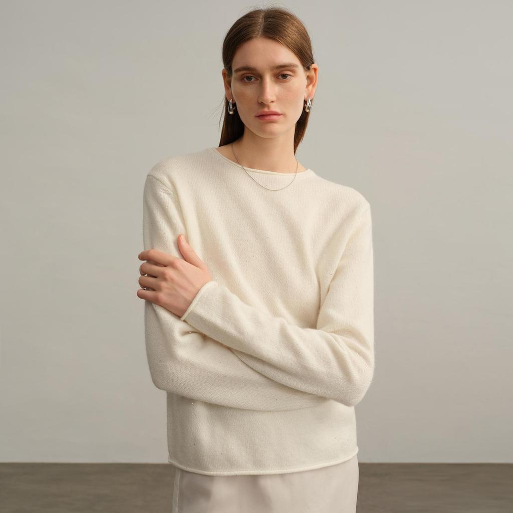 Women's Sequined Cashmere Sweater - Thickened Roll-Edge Round Neck, Versatile Autumn/Winter Casual Knit Base Layer