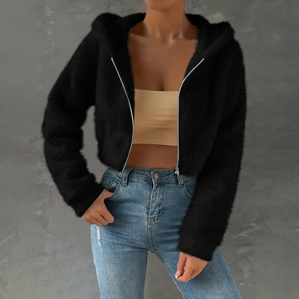 Women's Fashionable Casual Thick Fleece Top Short-Length Long-Sleeved Hooded Jacket