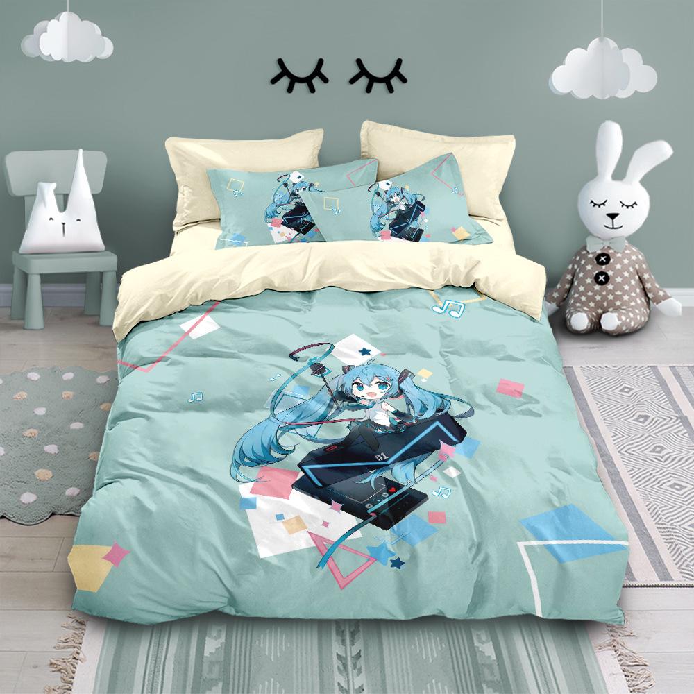 Hatsune Miku Pure Cotton 4-Piece Bedding Set: Cute Duvet Cover & Fitted Sheet for Students
