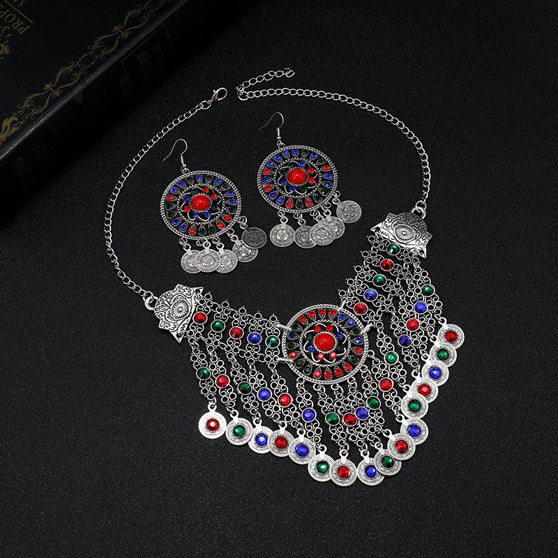 Vintage crystal coin collarbone chain necklace female personality exaggerated bohemian fringed temperament earrings set
