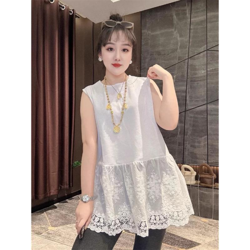 

Женская футболка с кружевной отделкой и многослойным низом, летняя, свободная, повседневная, для носки под низ, без рукавов, майка XL