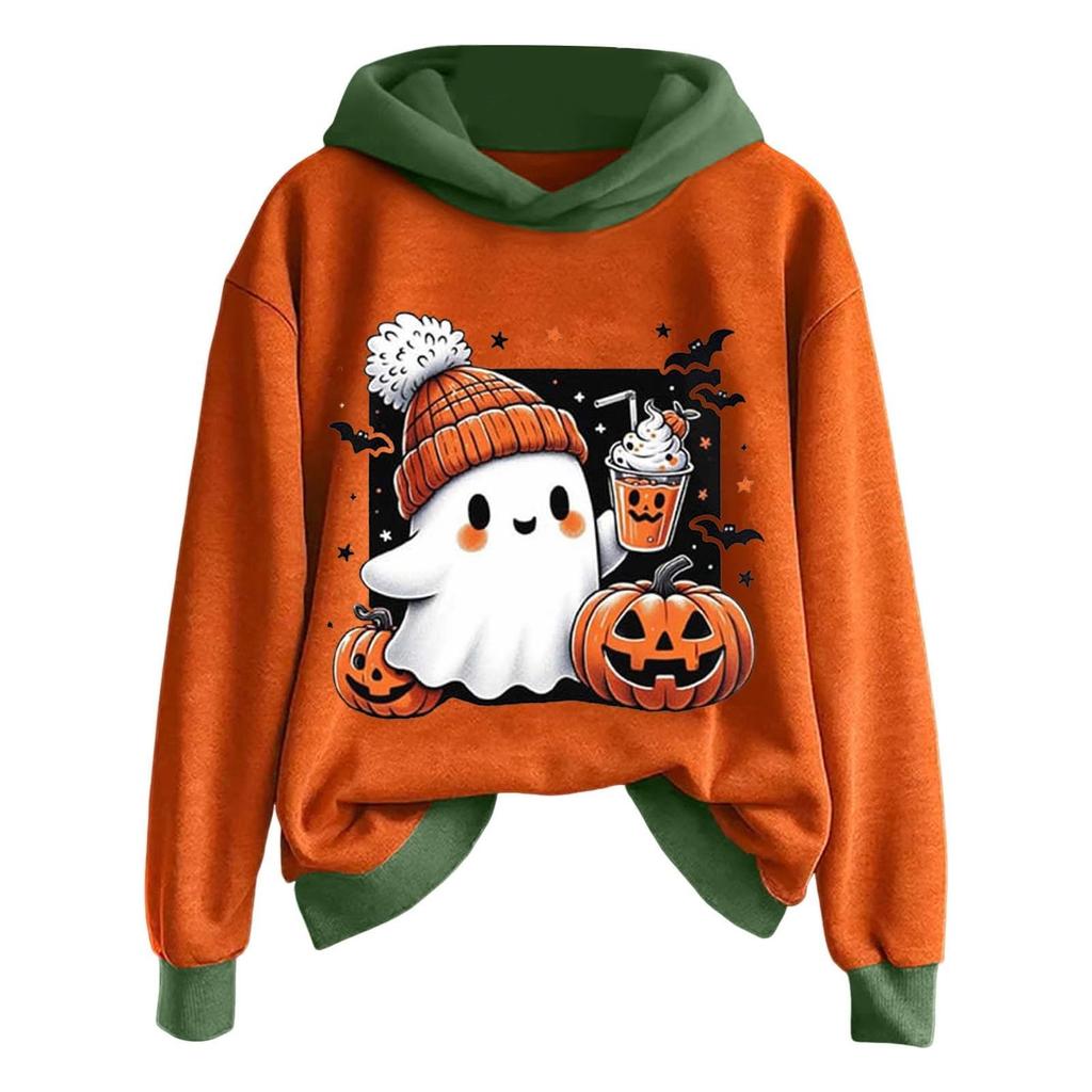 Ladies' Casual And Fashionable Halloween Printed Long Sleeved Hooded Warm Shirt Loose And Comfortable Hoodie