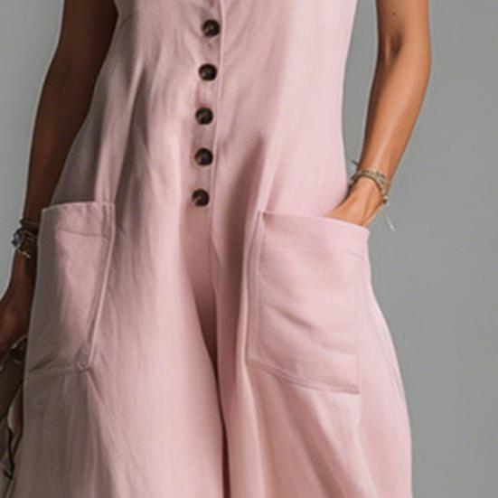 Women's V Neck Long Dress Summer Sleeveless A-line Swing Dress Casual Button Down Flowy Beach Sundress with Pockets