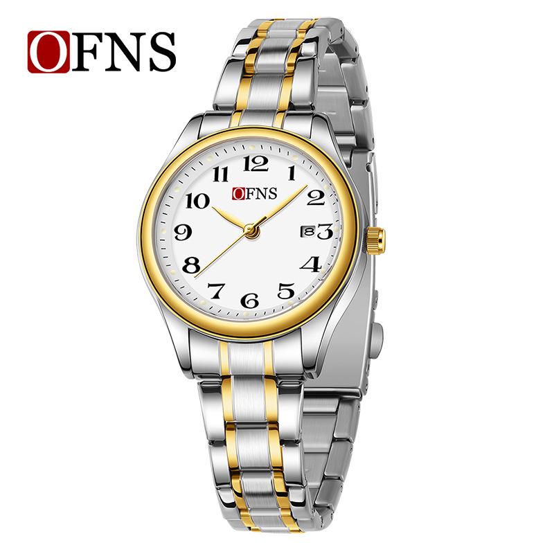 OFNS Couple's Wristwatch - Waterproof, Luminous, Quartz Watch with Steel or Leather Strap, Calendar Feature, for Casual or Business.