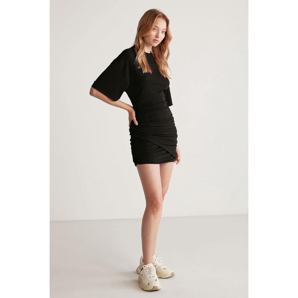 Zaya Women's Crew Neck Skirt Draped Black Dress