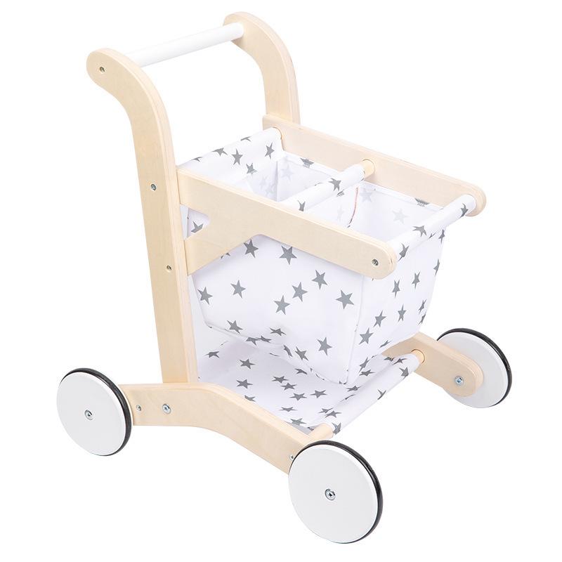 Multifunctional Wooden Baby Push Walker with Tool Basket and Anti-Bowlegs Design