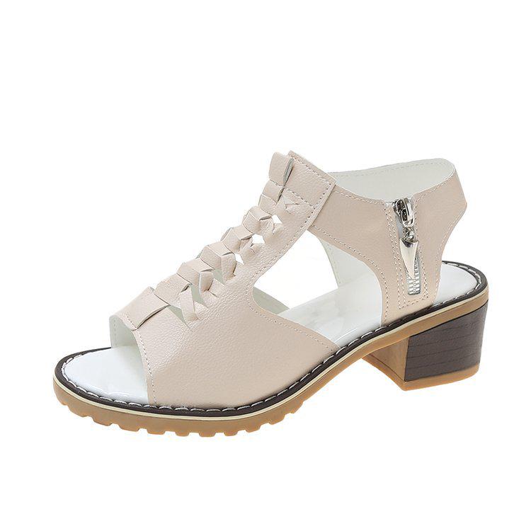 2021 Summer Women's Korean-Style Round Toe Chunky Heel Sandals with Side Zipper - Casual, Solid Color, Plus Size
