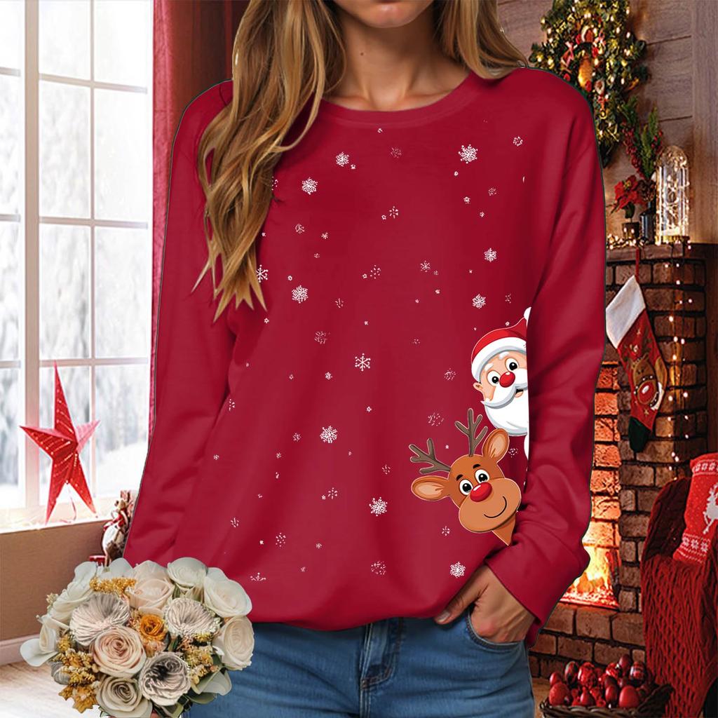Dámská módní ležérní mikina s dlouhým rukávem, volného střihu, s vánočním potiskem, kulatým výstřihem