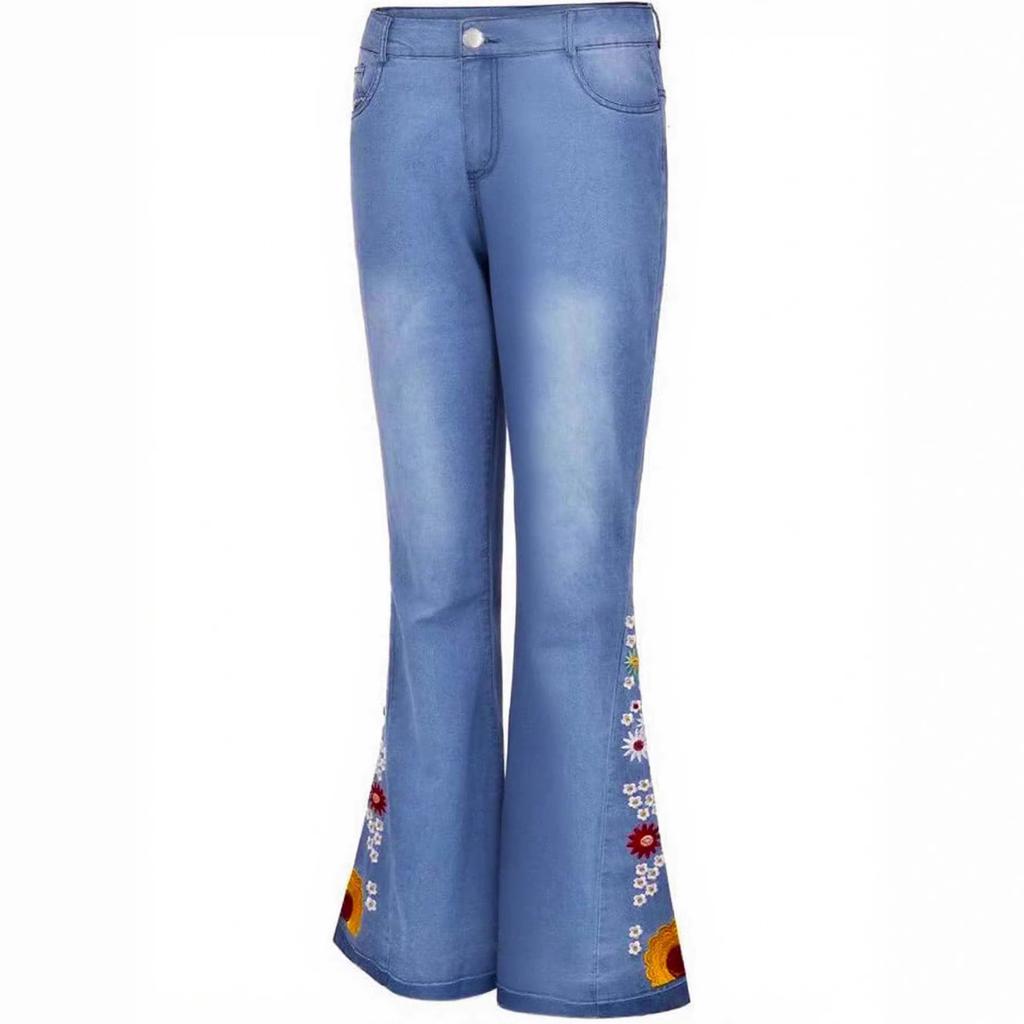 Women's High Waisted Floral Embroidered Flared Jeans Stretchy Slim Fit Vintage Retro Bootcut Full Length Hip Lifting Casual Denim Trousers