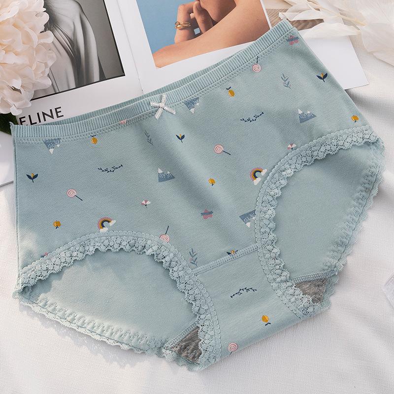 

Свежее хлопковое женское нижнее белье с принтом, милое нижнее белье со средней посадкой, эластичные треугольные брюки с кружевными краями, бесследно... XL озеро синий