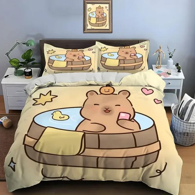 Schattig Cartoon Capybara Print Beddengoed Set Dekbedovertrek 1 Dekbedovertrek 2 Kussenslopen Beddengoed Set voor Volwassenen en Jongens Kerstcadeaus