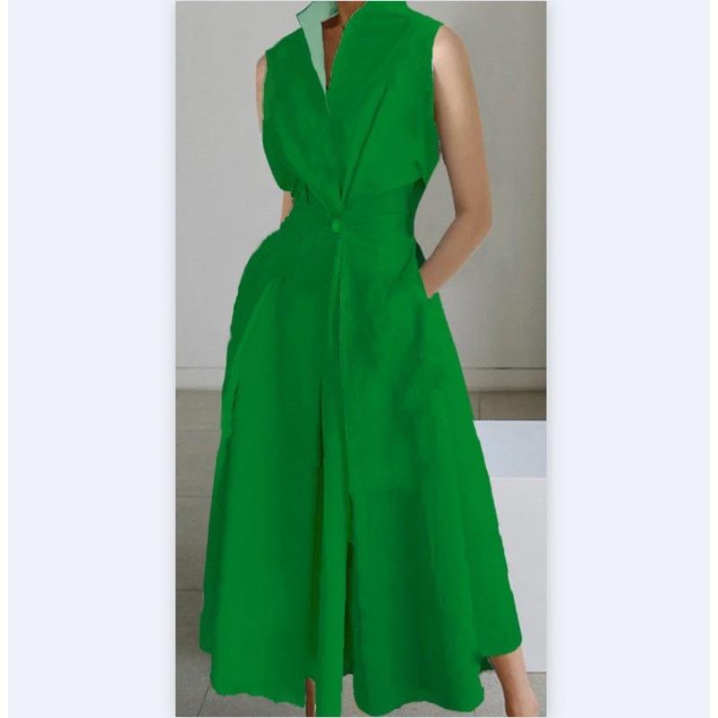 Dress summer new commuter fashion solid color V-neck women's button pendulum dress