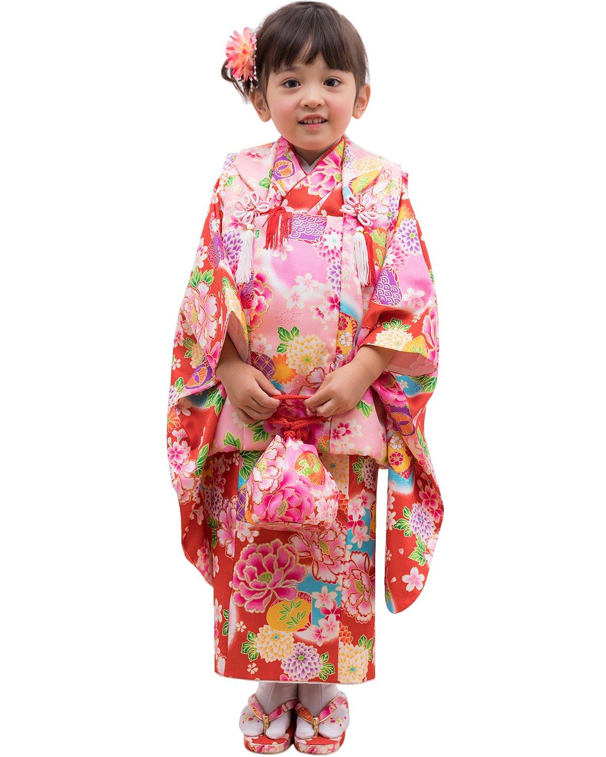 

Кимоно для фестиваля для 3-х летних девочек, великолепный комплект из 9 предметов, с рисунком, с длинными волосами, на талии, с завязками, малиновый цветок [KYOETSU]